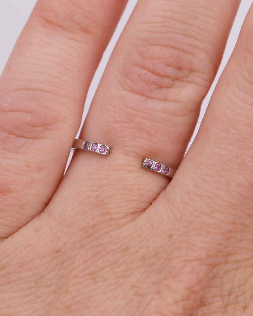 Open Wedding Band Women, Minimalist Platinum Cuff Ring, Natural Pink Sapphire Gemstone Jewelry, Unique September Birthstone Anniversary Ring image #2