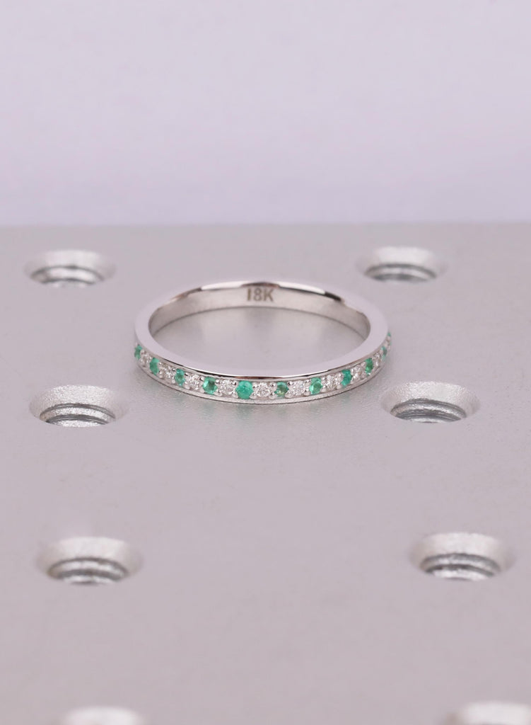18k White Gold Thin Emerald And Diamond Wedding Band, Gift For Her image #3