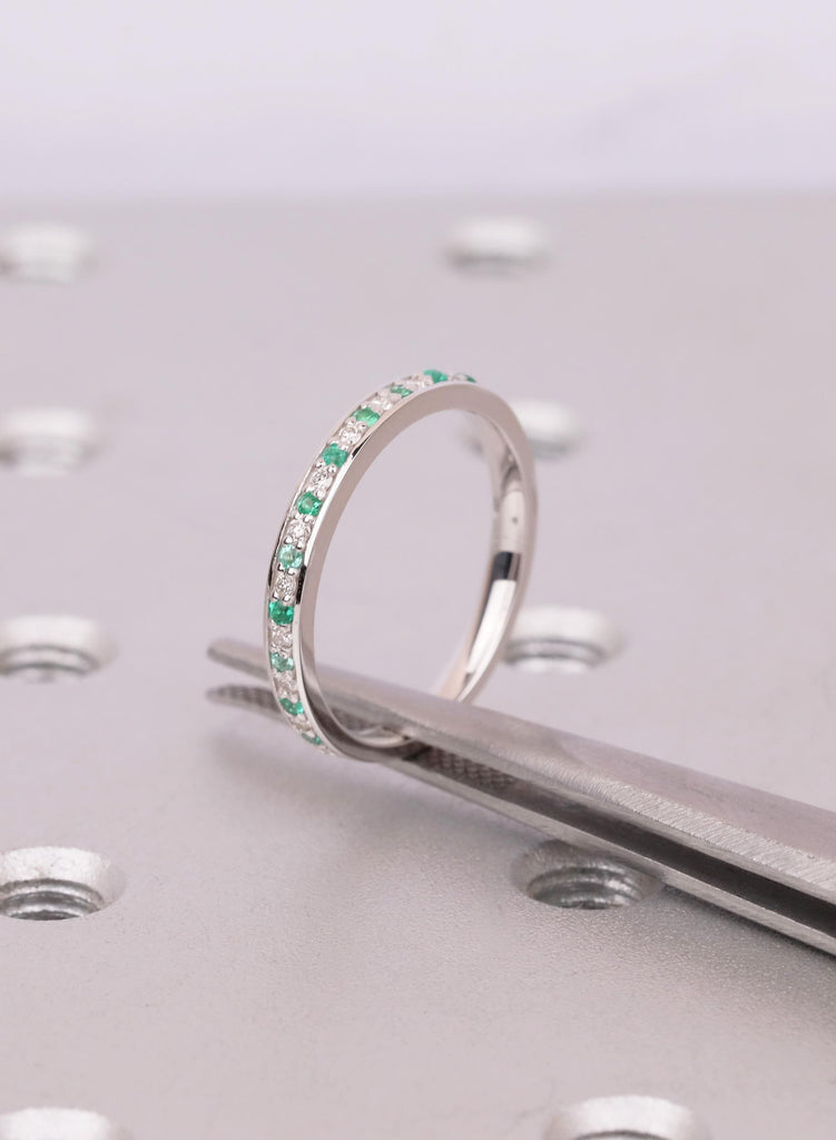 18k White Gold Thin Emerald And Diamond Wedding Band, Gift For Her