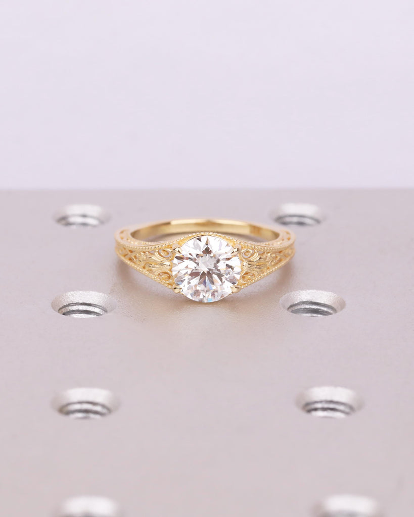 Antique Style Art Deco Engagement Ring, Round Lab Grown Diamond Ring, Hand Engraved Filigree Promise Ring, 14k 18k Solid Gold image #7