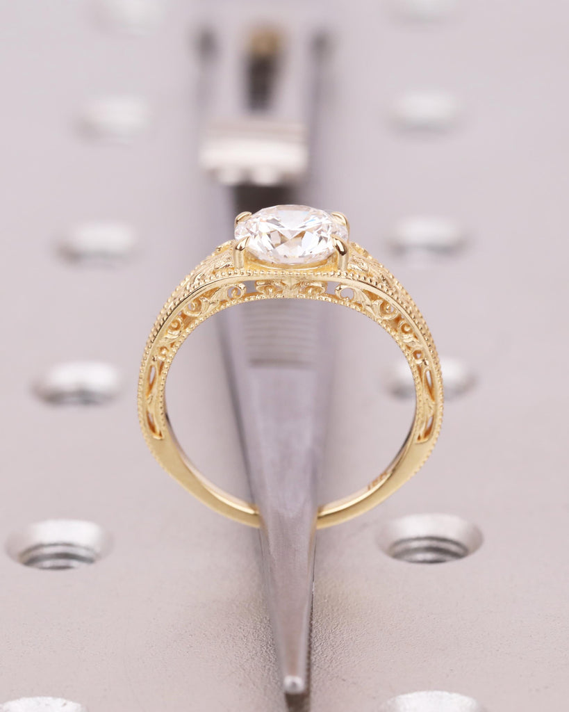 Antique Style Art Deco Engagement Ring, Round Lab Grown Diamond Ring, Hand Engraved Filigree Promise Ring, 14k 18k Solid Gold image #4