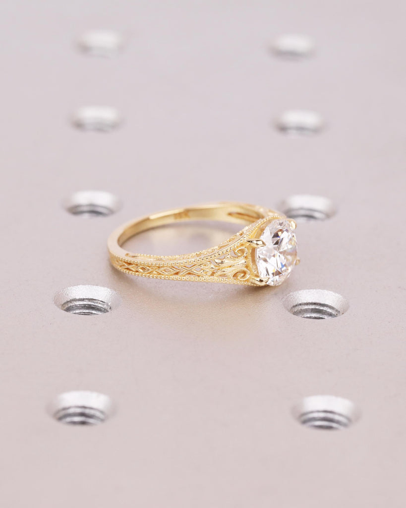 Antique Style Art Deco Engagement Ring, Round Lab Grown Diamond Ring, Hand Engraved Filigree Promise Ring, 14k 18k Solid Gold image #8