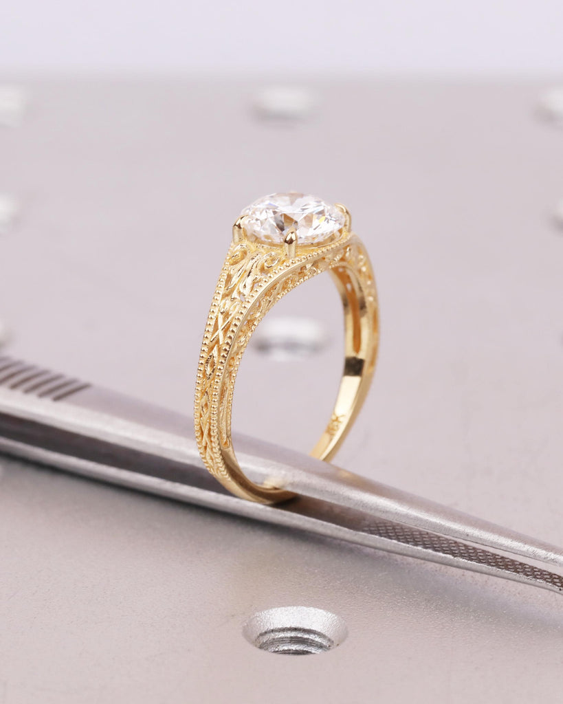 Antique Style Art Deco Engagement Ring, Round Lab Grown Diamond Ring, Hand Engraved Filigree Promise Ring, 14k 18k Solid Gold image #5