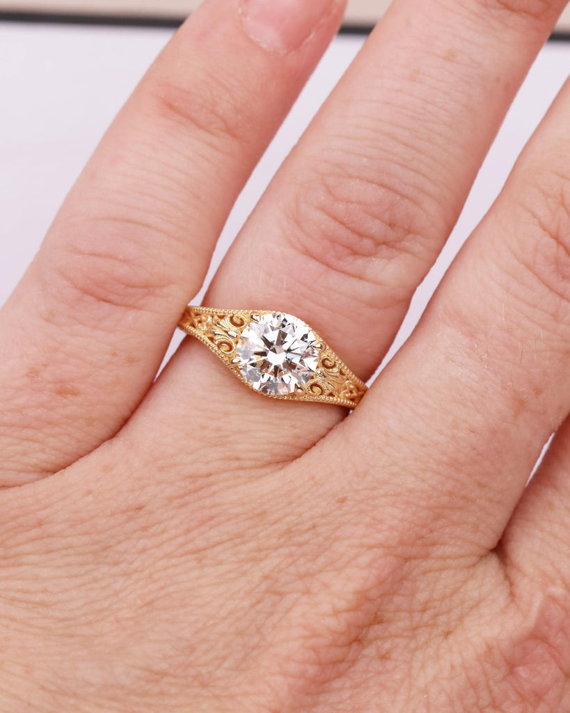 Antique Style Art Deco Engagement Ring, Round Lab Grown Diamond Ring, Hand Engraved Filigree Promise Ring, 14k 18k Solid Gold image #2