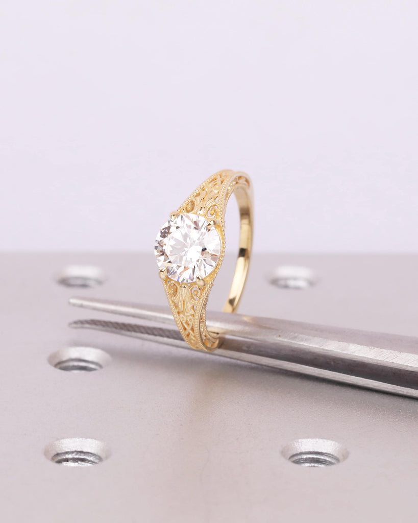 Antique Style Art Deco Engagement Ring, Round Lab Grown Diamond Ring, Hand Engraved Filigree Promise Ring, 14k 18k Solid Gold image #3