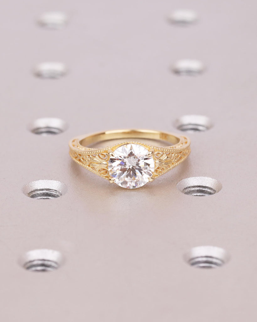Antique Style Art Deco Engagement Ring, Round Lab Grown Diamond Ring, Hand Engraved Filigree Promise Ring, 14k 18k Solid Gold image #1
