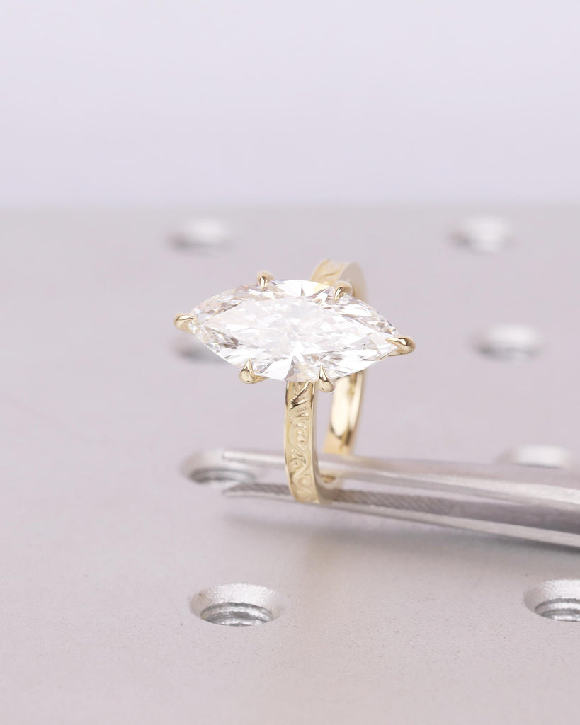 Lab Created Diamond Marquise Ring, Filigree 14k Yellow Gold Statement Ring, Vintage IGI Certified Wedding Rings for Women, Bridal Jewelry image #10