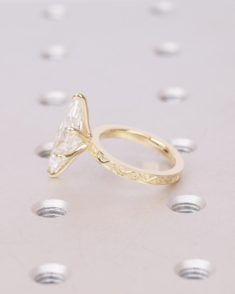 Lab Created Diamond Marquise Ring, Filigree 14k Yellow Gold Statement Ring, Vintage IGI Certified Wedding Rings for Women, Bridal Jewelry image #11