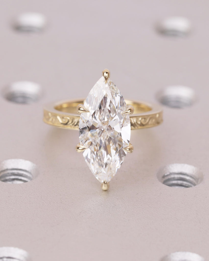 Lab Created Diamond Marquise Ring, Filigree 14k Yellow Gold Statement Ring, Vintage IGI Certified Wedding Rings for Women, Bridal Jewelry image #8