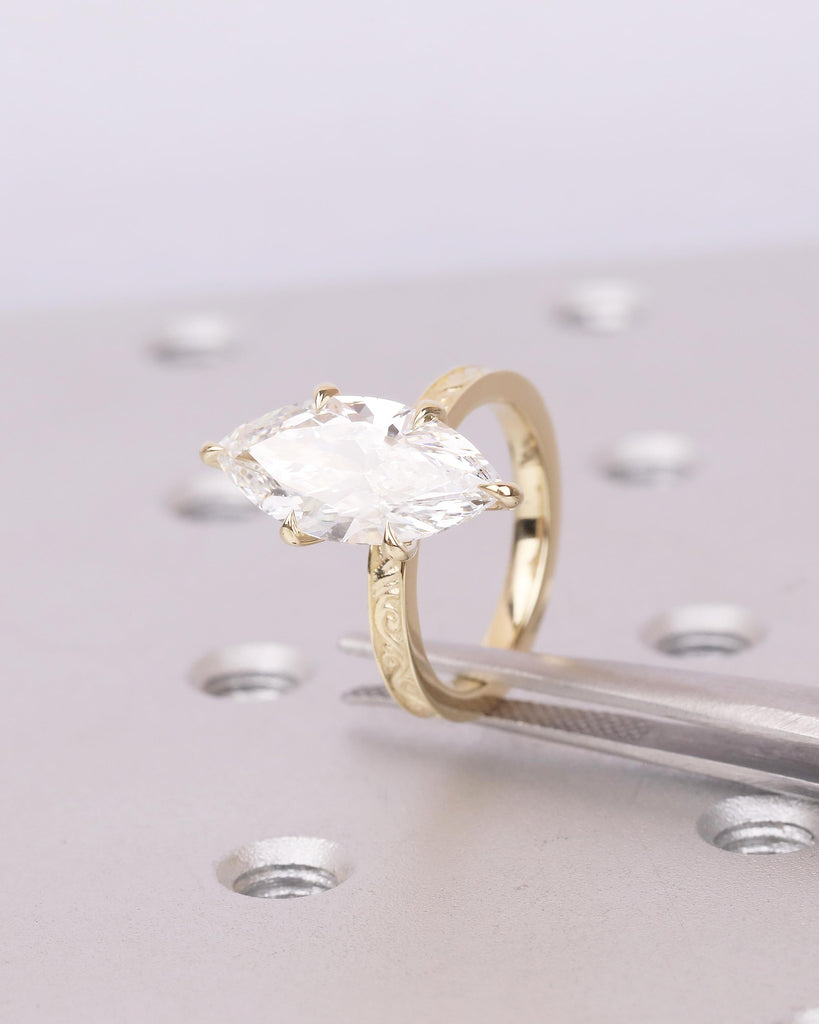 Lab Created Diamond Marquise Ring, Filigree 14k Yellow Gold Statement Ring, Vintage IGI Certified Wedding Rings for Women, Bridal Jewelry image #17