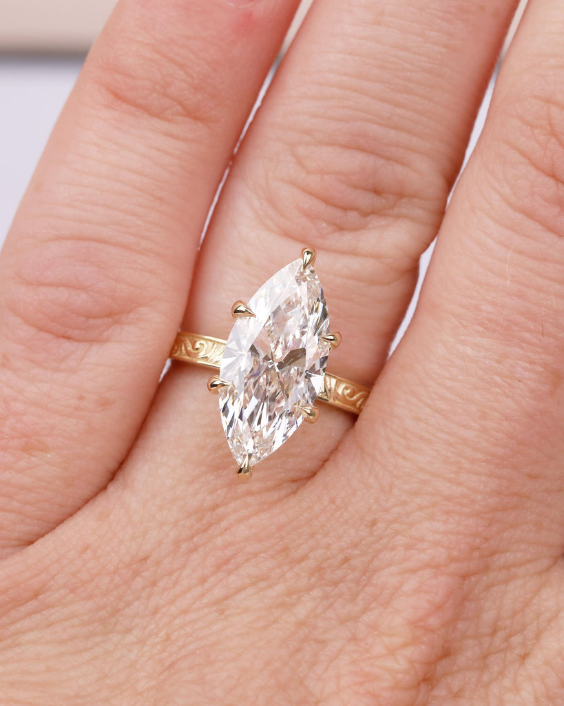 Lab Created Diamond Marquise Ring, Filigree 14k Yellow Gold Statement Ring, Vintage IGI Certified Wedding Rings for Women, Bridal Jewelry image #2