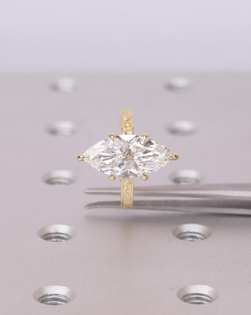 Lab Created Diamond Marquise Ring, Filigree 14k Yellow Gold Statement Ring, Vintage IGI Certified Wedding Rings for Women, Bridal Jewelry image #19