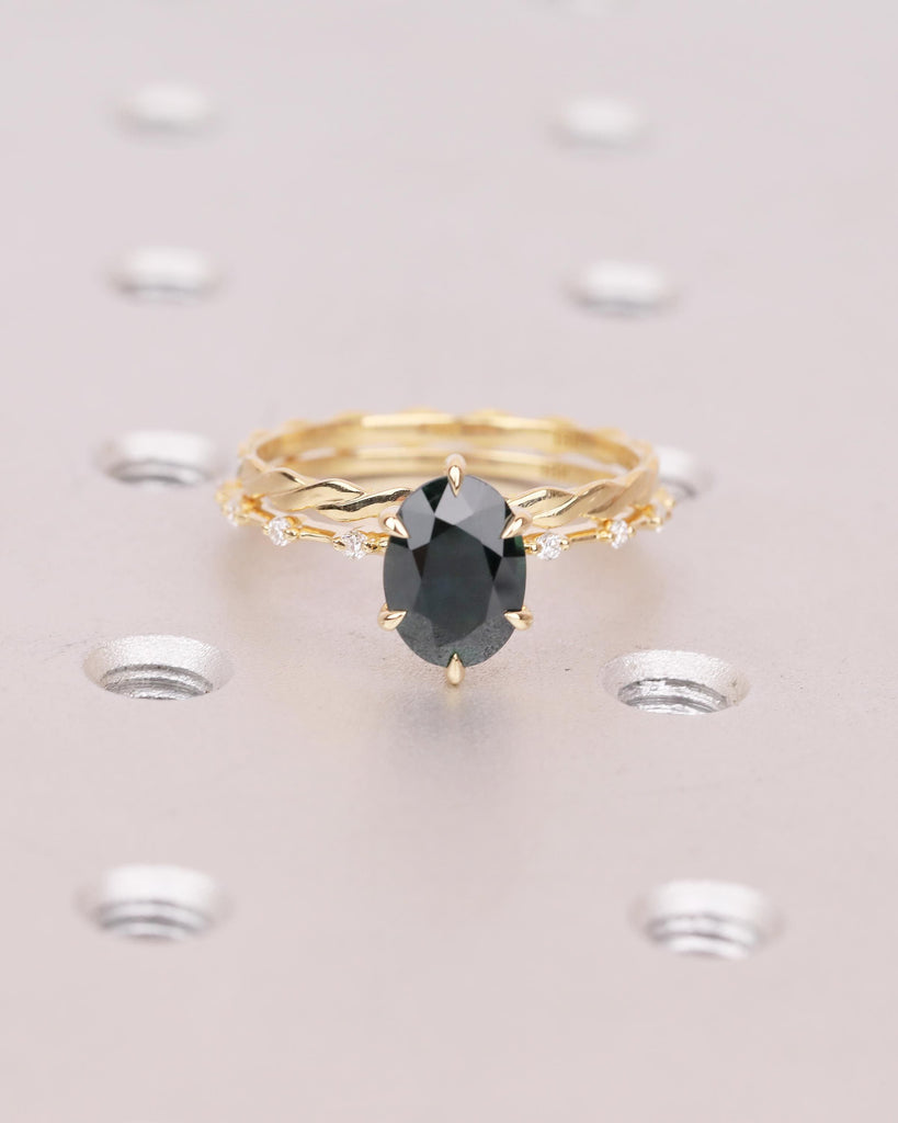 Art Deco Teal Sapphire Ring, Vintage 18k Solid Gold Engagement Ring, September Birthstone Rings, Bridal Set Ring, Twisted Matching Ring image #8