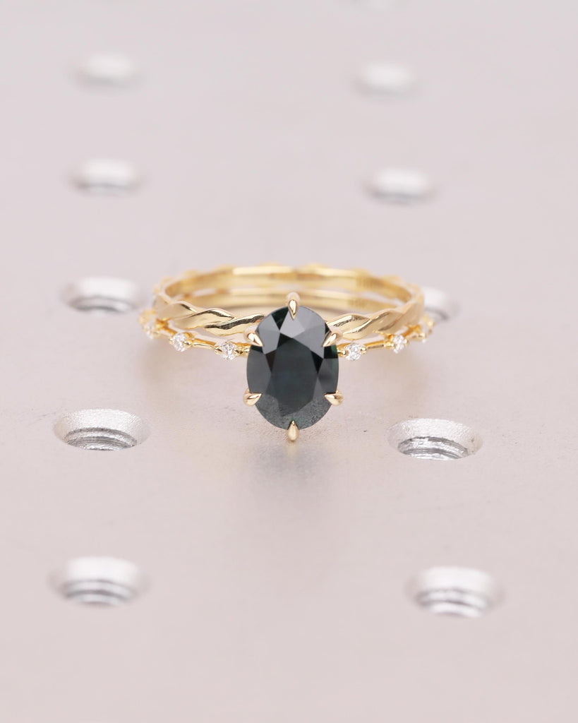 Peacock Sapphire Birthstone Ring, Oval Engagement Ring Set, 18k Gold Infinity Stacking Rings image #13