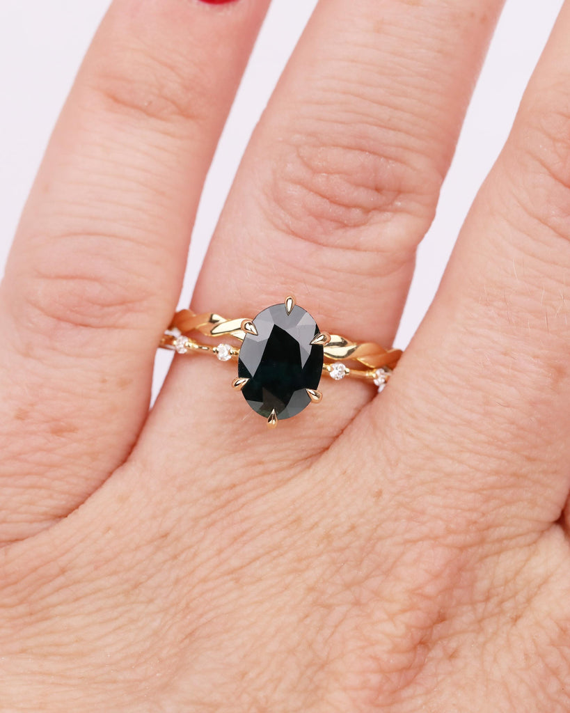 Art Deco Teal Sapphire Ring, Vintage 18k Solid Gold Engagement Ring, September Birthstone Rings, Bridal Set Ring, Twisted Matching Ring image #9