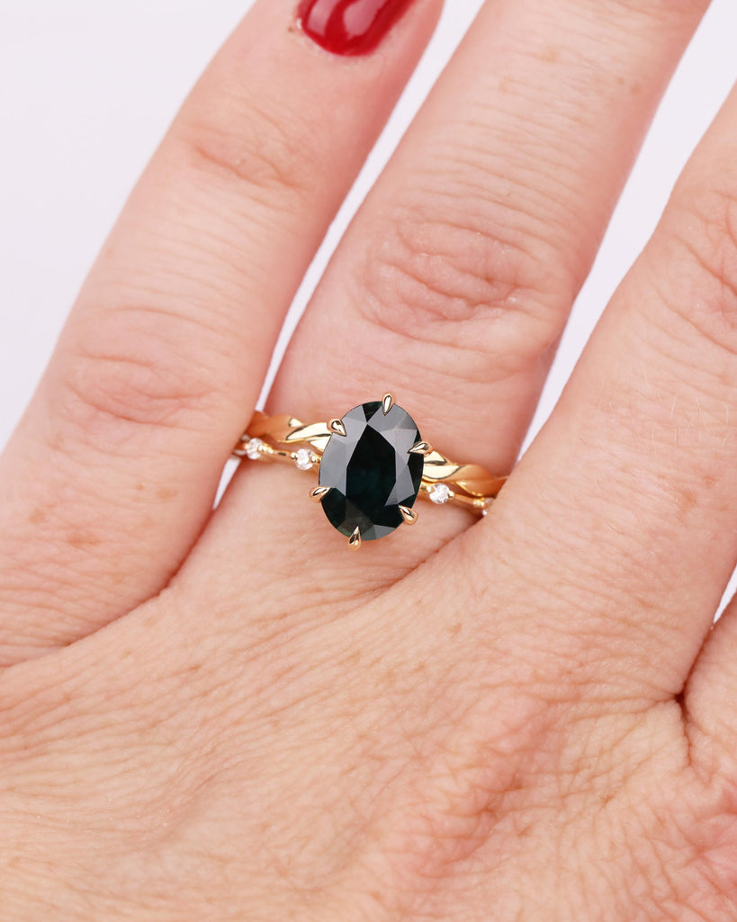 18k Yellow Gold Bridal Ring Set, Oval Blue Green Sapphire Engagement Ring, Infinity Matching Ring, Stackable Rings for Women, Gemstone Ring image #9