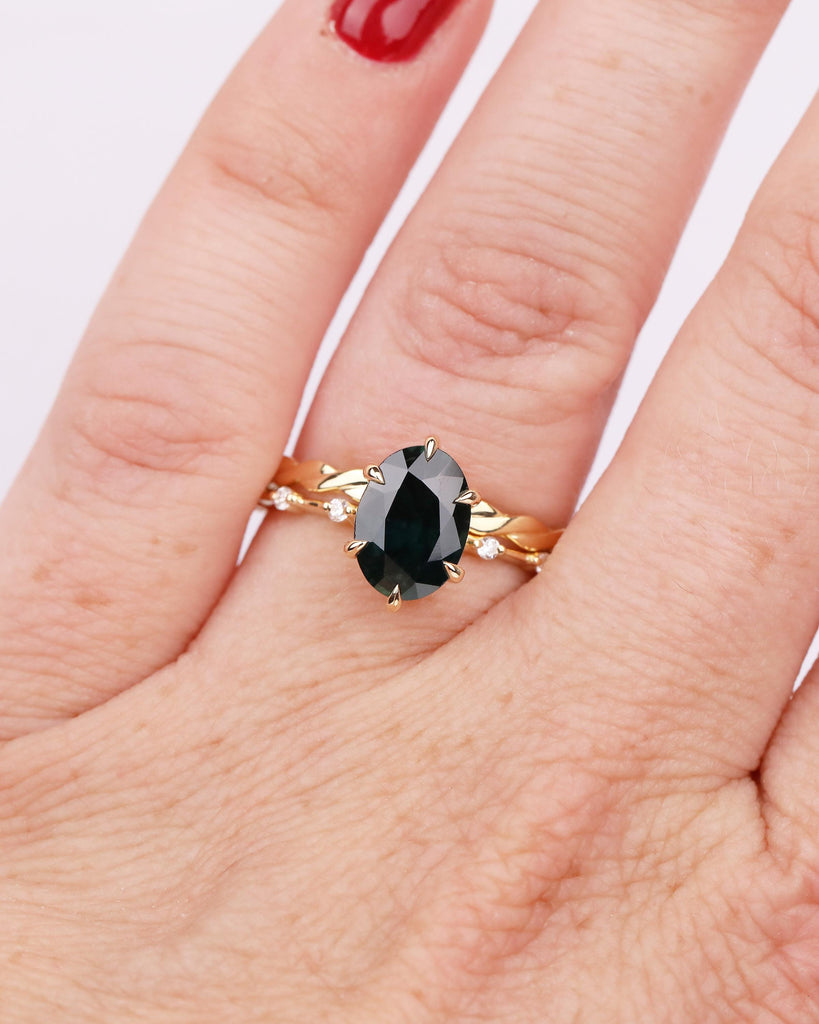 Art Deco Teal Sapphire Ring, Vintage 18k Solid Gold Engagement Ring, September Birthstone Rings, Bridal Set Ring, Twisted Matching Ring image #14