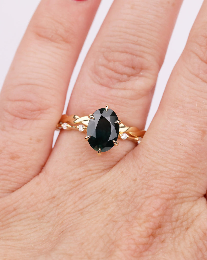Peacock Sapphire Birthstone Ring, Oval Engagement Ring Set, 18k Gold Infinity Stacking Rings image #14