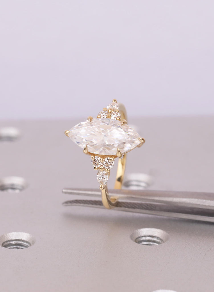 Marquise Lab Diamond Engagement Ring, Cluster Diamond Ring, 18K Gold Pear Accent Ring, Eco Friendly Promise Ring, Gift for Her image #9