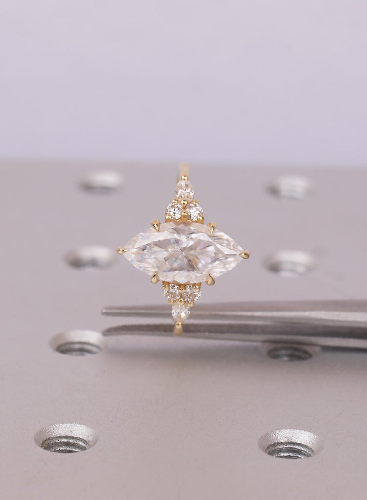 Marquise Lab Diamond Engagement Ring, Cluster Diamond Ring, 18K Gold Pear Accent Ring, Eco Friendly Promise Ring, Gift for Her image #8