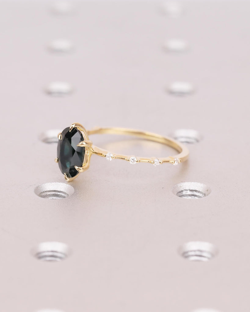 Oval Teal Sapphire Engagement Ring, Dainty 18k Yellow Gold Promise Ring for Her, September Birthstone Rings for Women, Gemstone Jewelry image #3