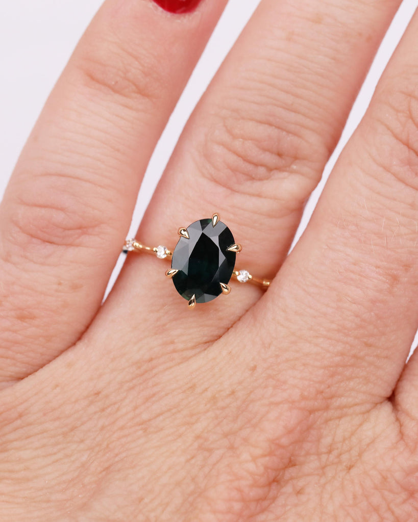 Oval Teal Sapphire Engagement Ring, Dainty 18k Yellow Gold Promise Ring for Her, September Birthstone Rings for Women, Gemstone Jewelry image #2