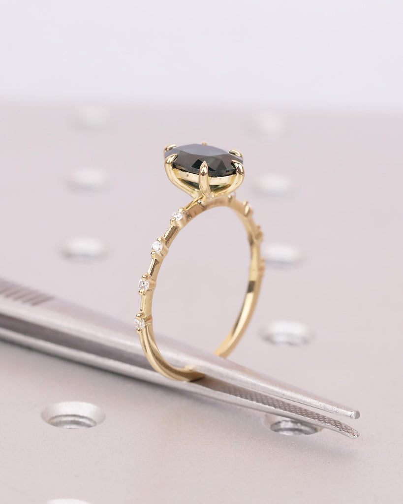 Oval Teal Sapphire Engagement Ring, Dainty 18k Yellow Gold Promise Ring for Her, September Birthstone Rings for Women, Gemstone Jewelry image #17