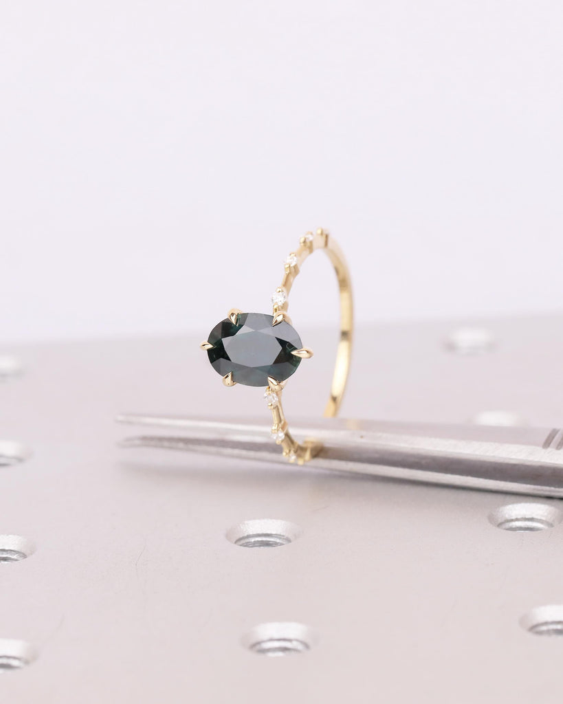 Oval Teal Sapphire Engagement Ring, Dainty 18k Yellow Gold Promise Ring for Her, September Birthstone Rings for Women, Gemstone Jewelry image #15