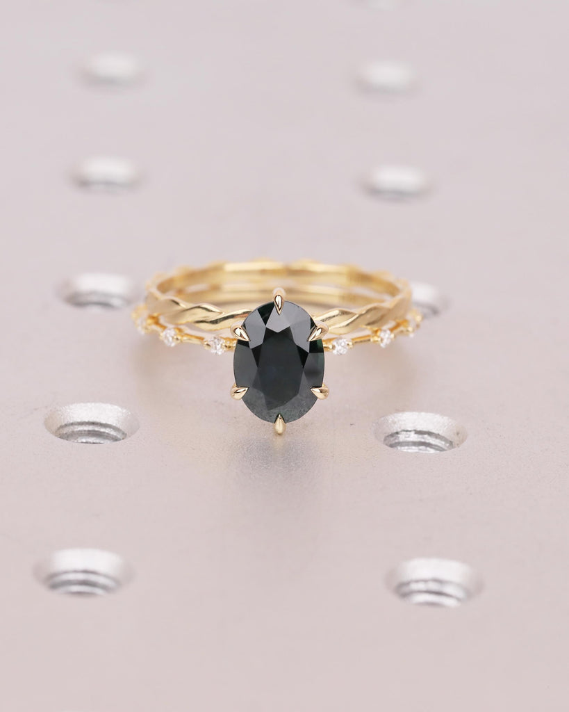 Peacock Sapphire Birthstone Ring, Oval Engagement Ring Set, 18k Gold Infinity Stacking Rings image #8