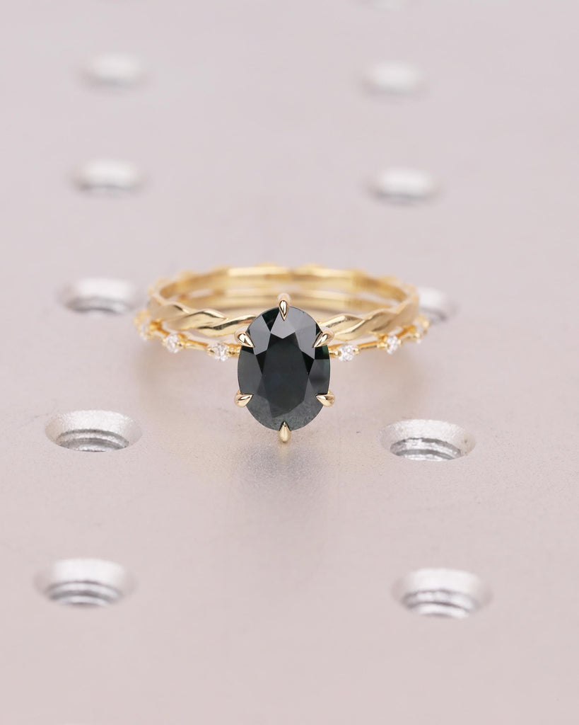 Unique Engagement Ring Set, Peacock Sapphire Ring, Moissanite Accent, Infinity Stacking Rings image #13
