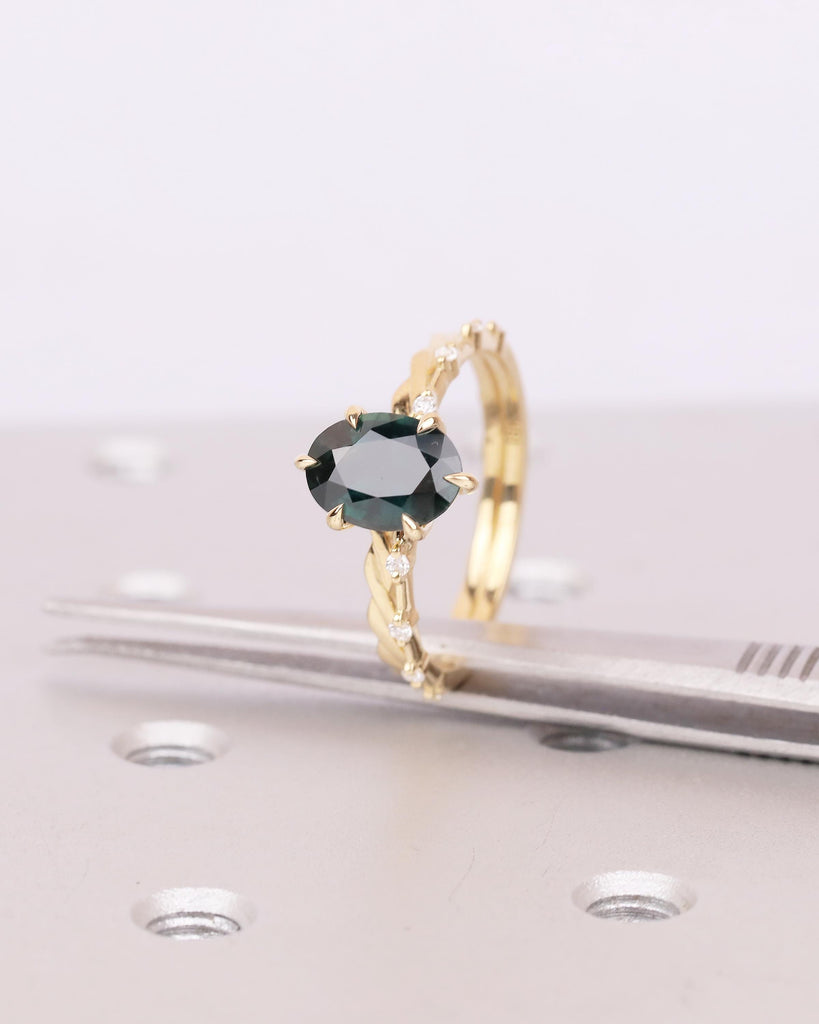 Unique Engagement Ring Set, Peacock Sapphire Ring, Moissanite Accent, Infinity Stacking Rings image #12
