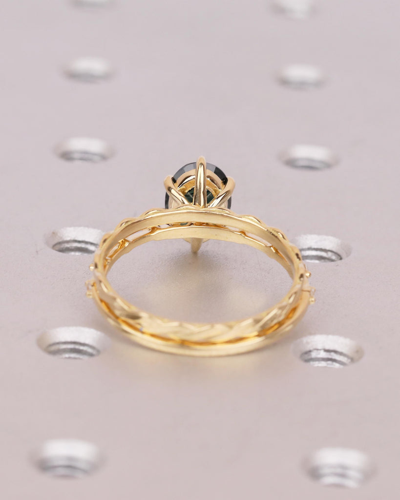 Unique Engagement Ring Set, Peacock Sapphire Ring, Moissanite Accent, Infinity Stacking Rings image #6