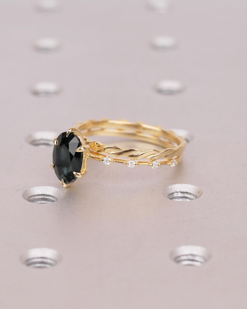 Peacock Sapphire Birthstone Ring, Oval Engagement Ring Set, 18k Gold Infinity Stacking Rings image #3