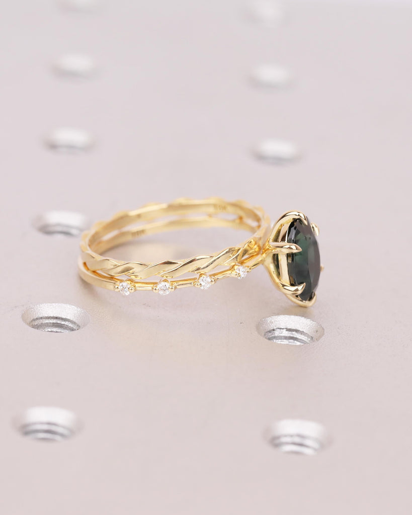 Unique Engagement Ring Set, Peacock Sapphire Ring, Moissanite Accent, Infinity Stacking Rings image #10