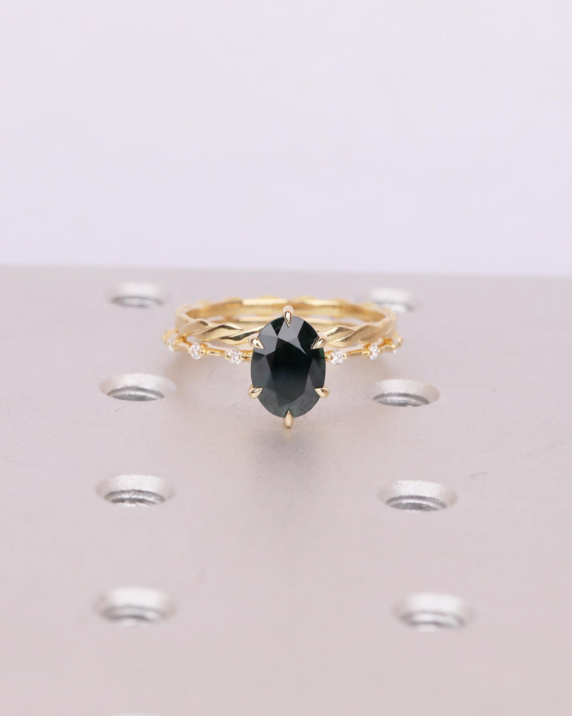 Peacock Sapphire Birthstone Ring, Oval Engagement Ring Set, 18k Gold Infinity Stacking Rings image #2