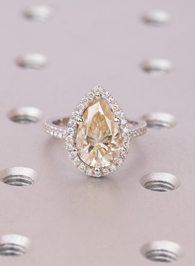 Canary Yellow Moissanite Engagement Ring | 14K White Gold Pear Cut Halo Ring | Vintage Wedding Ring | Pavé Band Statement Ring Gift For Her
