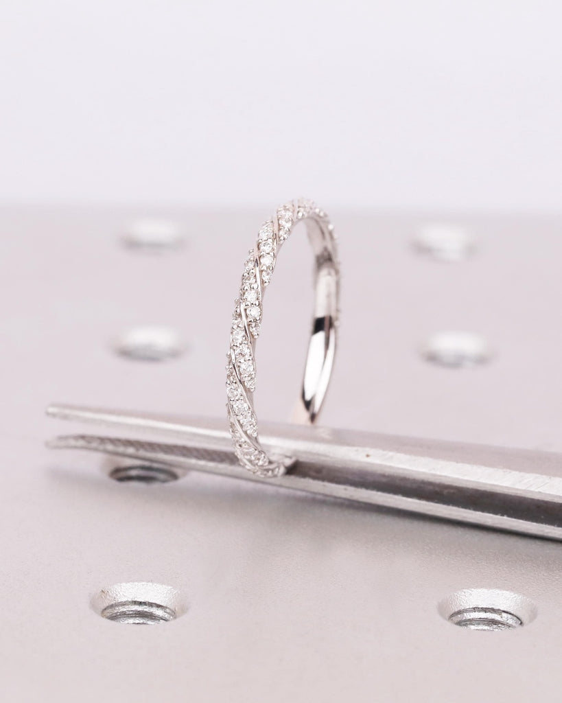 14K Solid Gold Infinity Twisted Diamond Wedding Band, Art Deco Wedding Band, Lab Diamond Stacking Ring, 3/4 Eternity Moissanite Wedding Band image #7