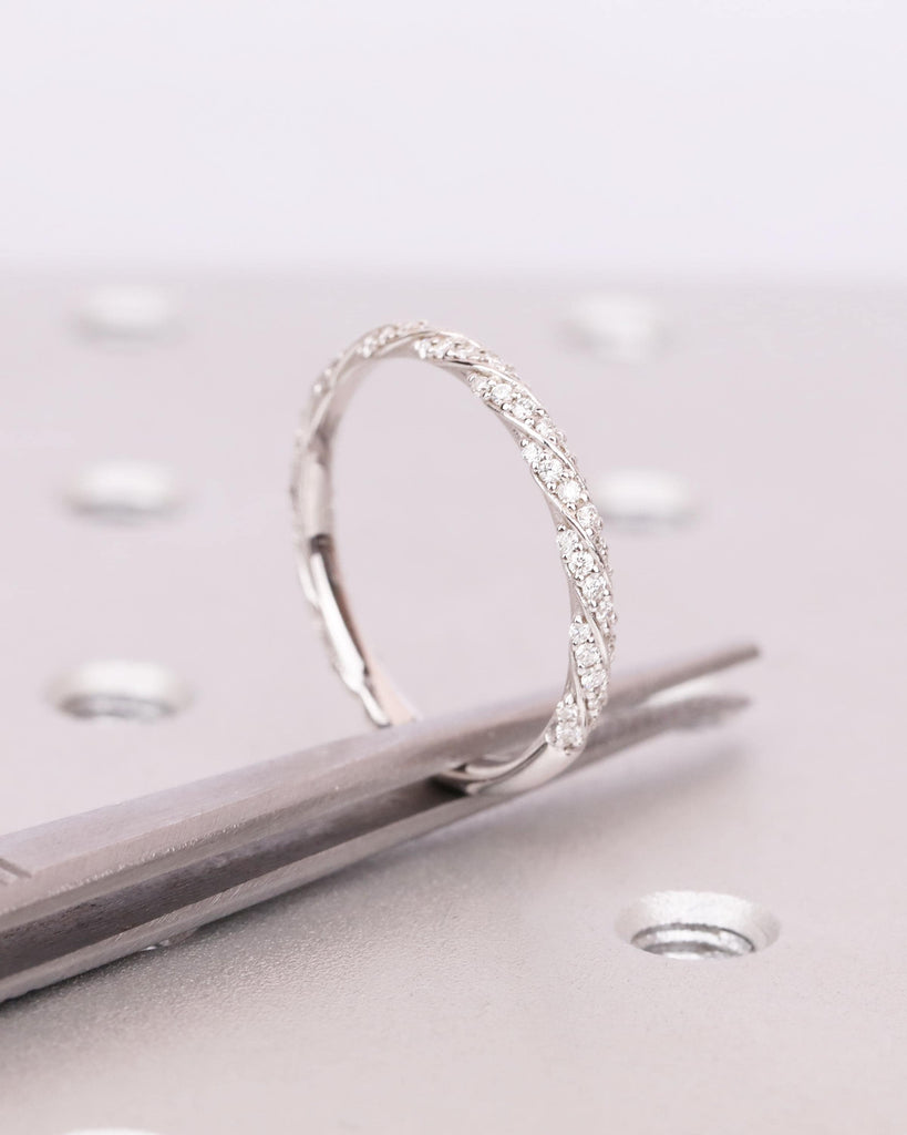 14K Solid Gold Infinity Twisted Diamond Wedding Band, Art Deco Wedding Band, Lab Diamond Stacking Ring, 3/4 Eternity Moissanite Wedding Band image #9