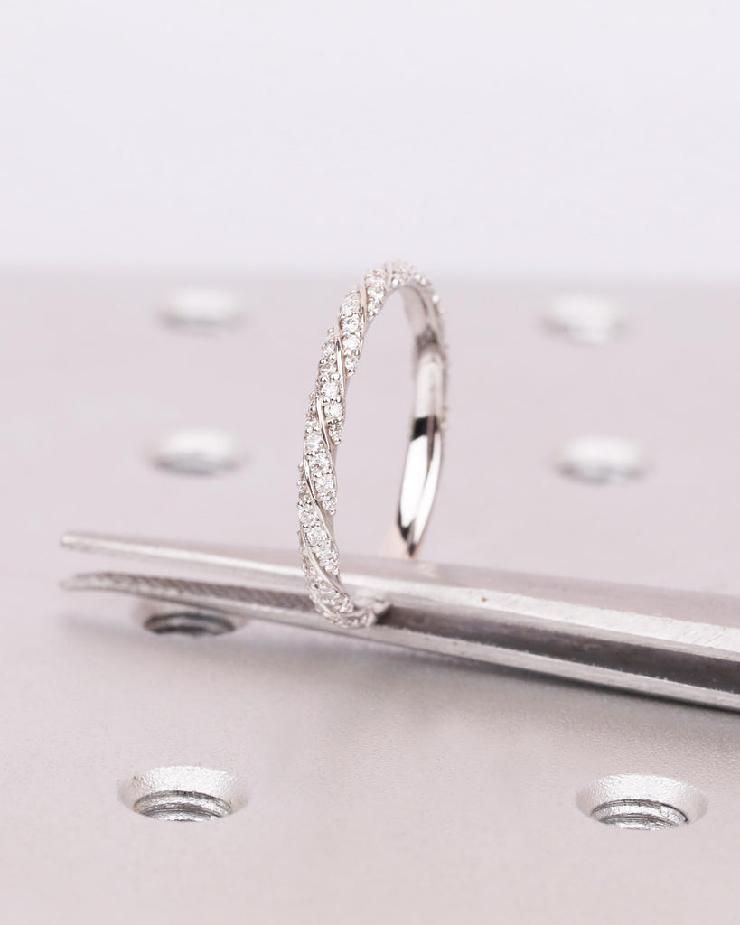 3/4 Eternity Crossover Ring | Pave Diamond, Lab Diamond or Moissanite Wedding Band | 14K Solid Gold Twist Wedding Ring | Stacking Ring