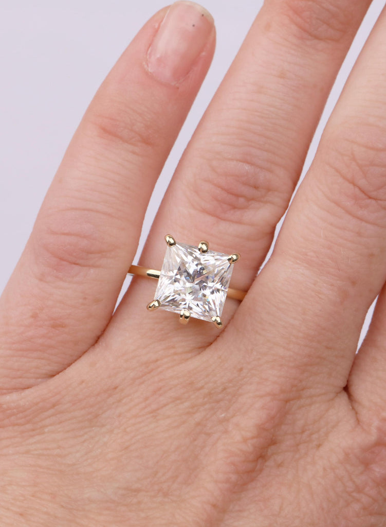 Princess Cut Moissanite Solitaire Engagement Ring, 14K Yellow Gold Bridal Jewelry