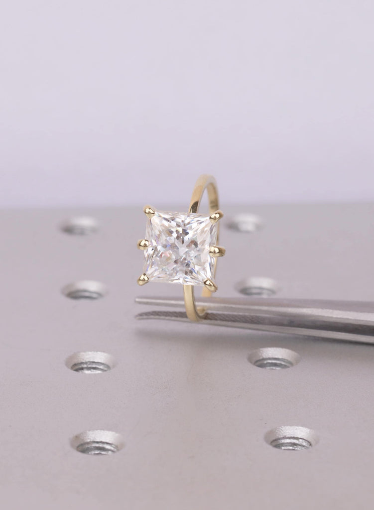 Princess Cut Moissanite Solitaire Engagement Ring, 14K Yellow Gold Bridal Jewelry image #2