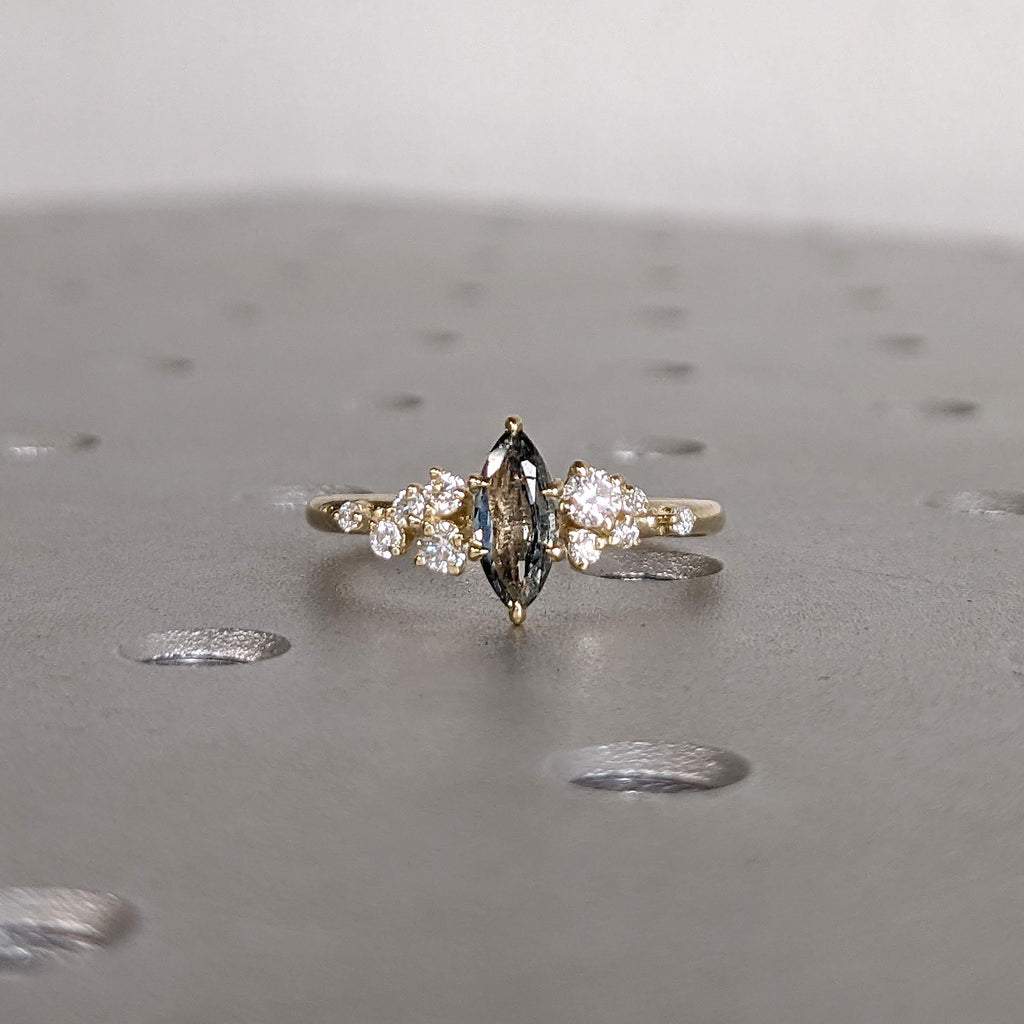 0.5ct Green Sapphire and Diamond Cluster Unique Engagement Ring | 14k Yellow Gold Marquise cut Ring