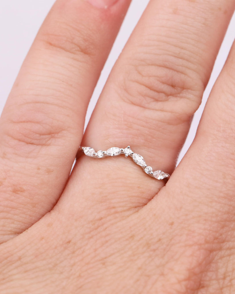 Vintage White Gold Diamond Curved Wedding Band, Alternating Marquise and Round Moissanite Cluster Ring, Dainty Wedding Band, Bridal Jewelry image #2