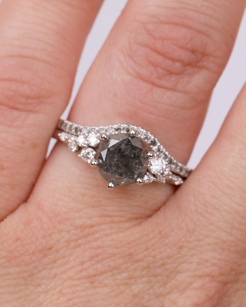 Vintage Engagement Ring, Salt and Pepper Diamond Snowdrift Moissanite Bridal Ring Set image #9