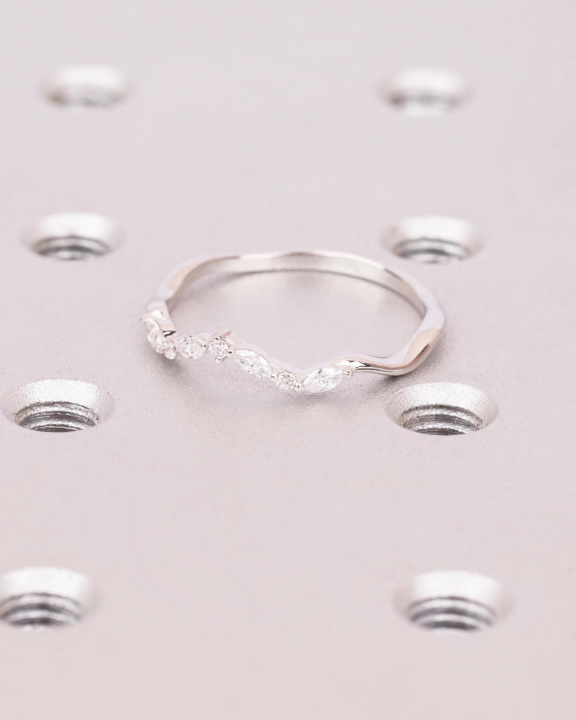 Vintage Diamond or Moissanite Curved Wedding Band in 14K Solid Gold, Marquise and Round cut Cluster Ring, Dainty Matching Ring for Women image #3