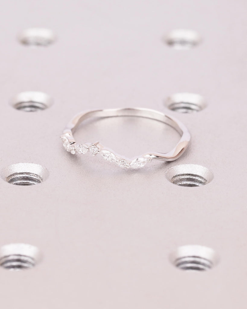 Vintage White Gold Diamond Curved Wedding Band, Alternating Marquise and Round Moissanite Cluster Ring, Dainty Wedding Band, Bridal Jewelry image #4
