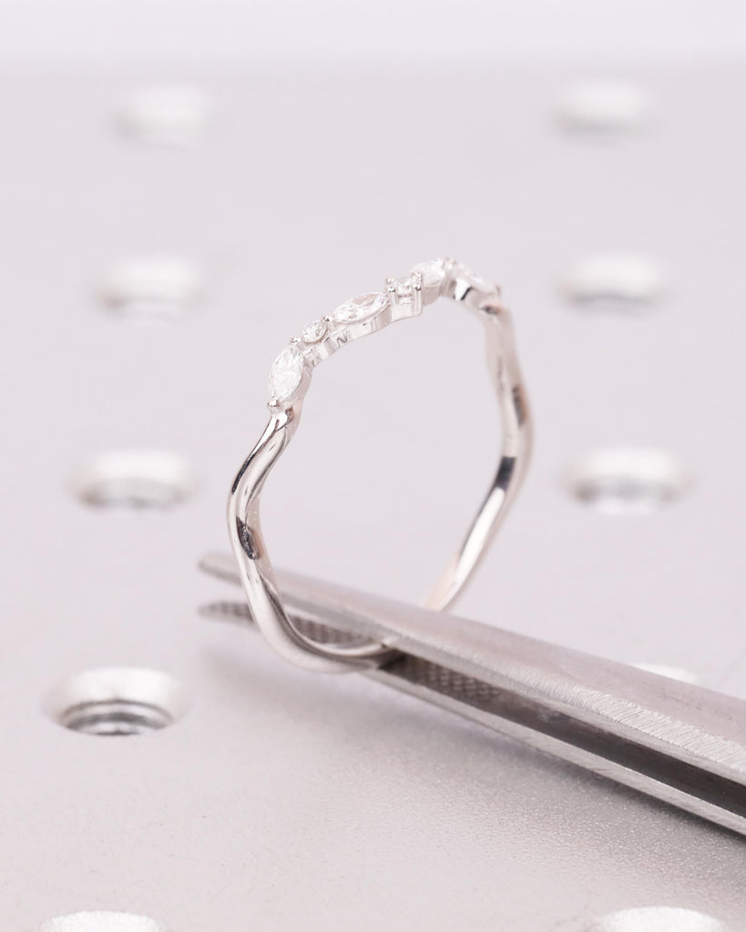 Vintage White Gold Diamond Curved Wedding Band, Alternating Marquise and Round Moissanite Cluster Ring, Dainty Wedding Band, Bridal Jewelry image #8