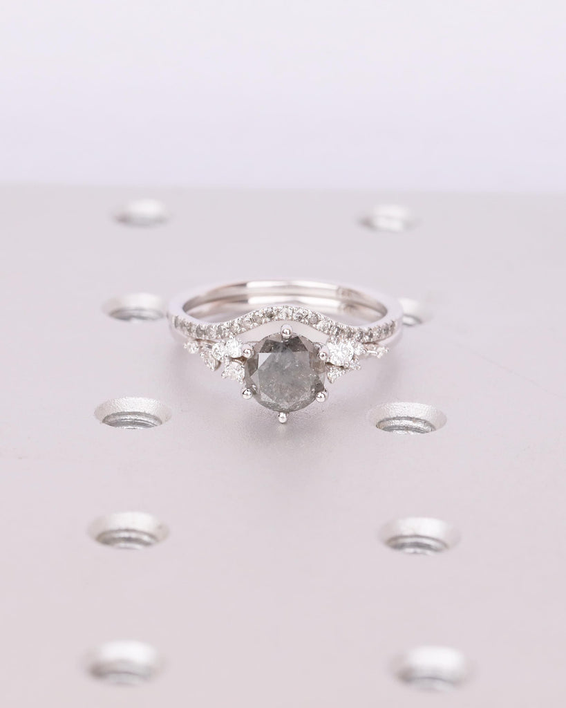 Vintage Engagement Ring, Salt and Pepper Diamond Snowdrift Moissanite Bridal Ring Set image #10
