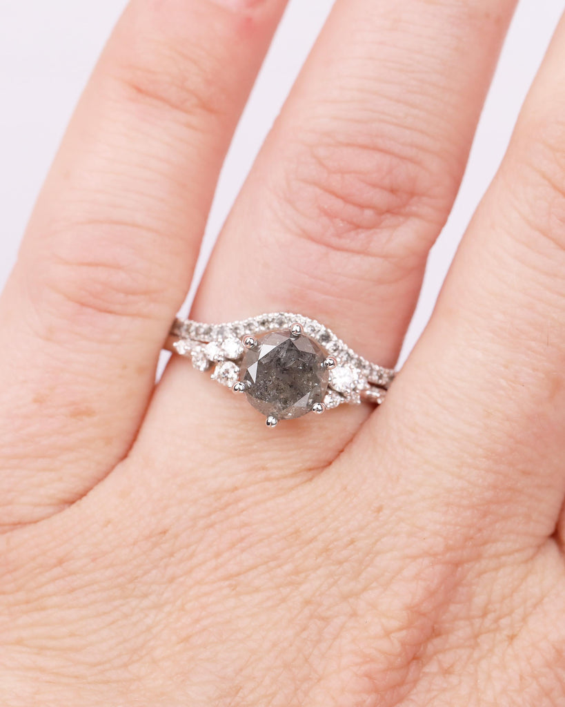 Vintage Engagement Ring, Salt and Pepper Diamond Snowdrift Moissanite Bridal Ring Set image #14