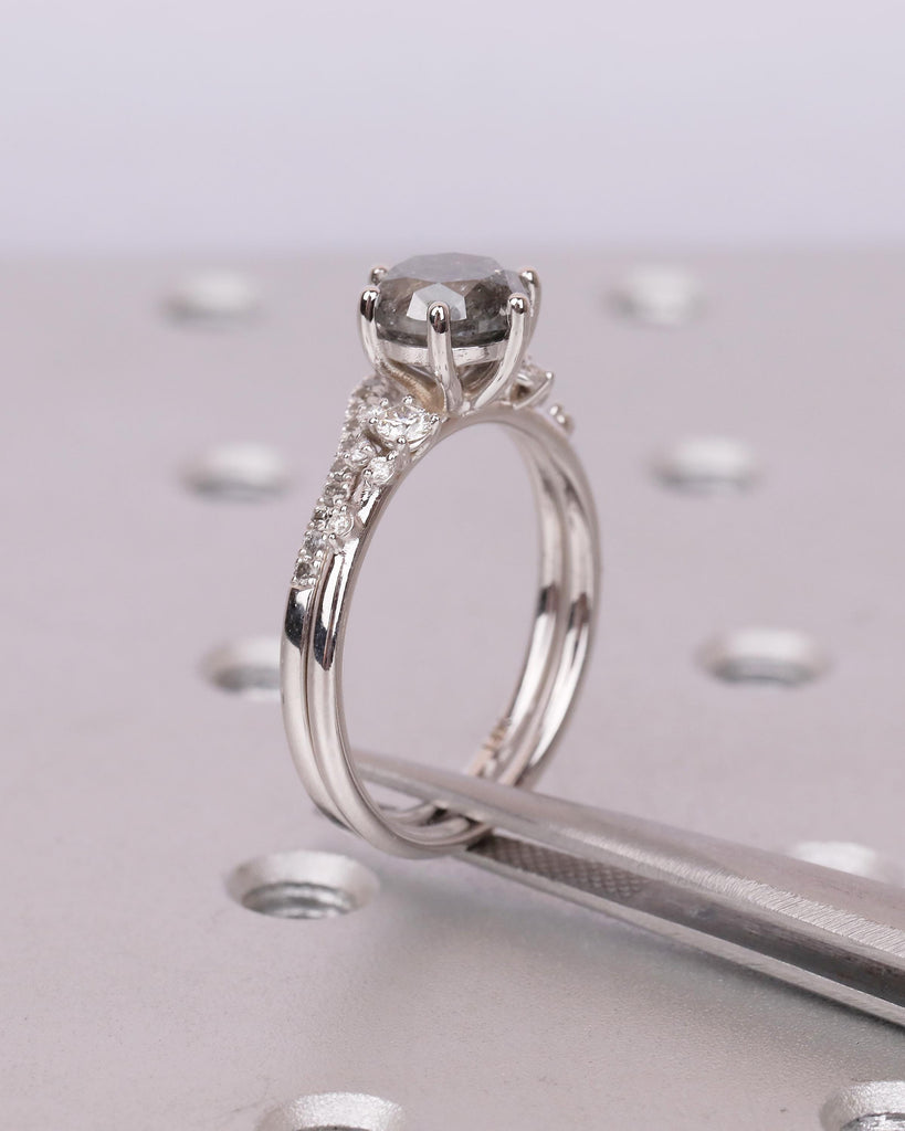 Vintage Engagement Ring, Salt and Pepper Diamond Snowdrift Moissanite Bridal Ring Set image #3